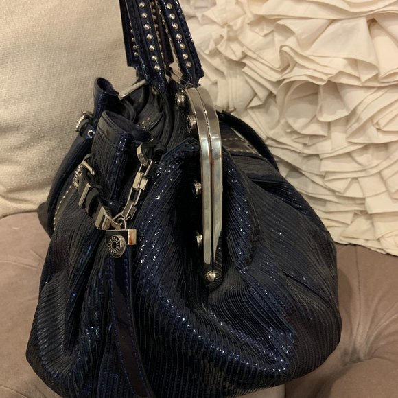 Versace Blue Striped Patent Leather Studded Frame Satchel (Rare) - Picture 7 of 7
